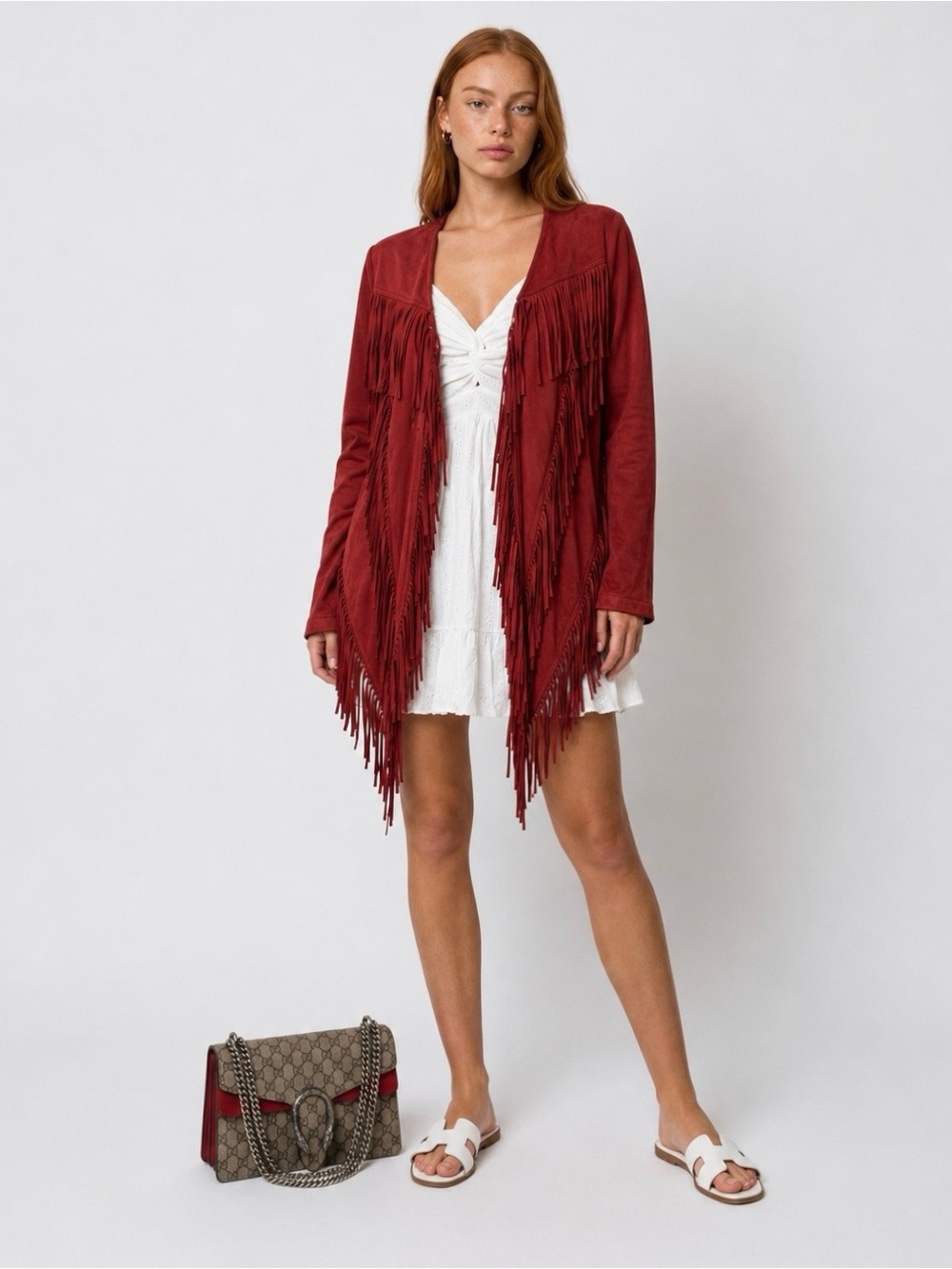 ANGIE Brick Red Faux Suede Fringe Open Front Cardigan Jacket L Boho Western Fall